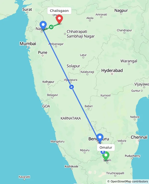Route map showing distance and travel time from Omalur, India to Chalisgaon, India