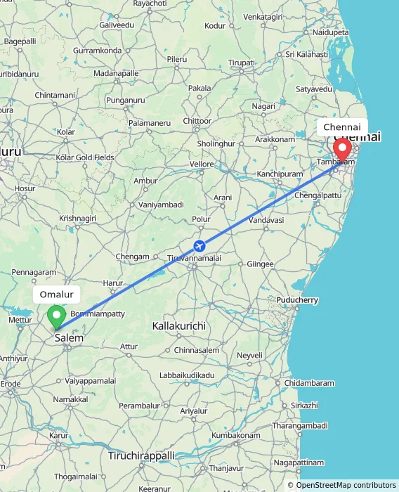 Route map showing distance and travel time from Omalur, India to Chennai, India