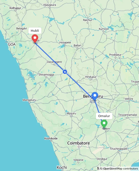 Route map showing distance and travel time from Omalur, India to Hubli, India