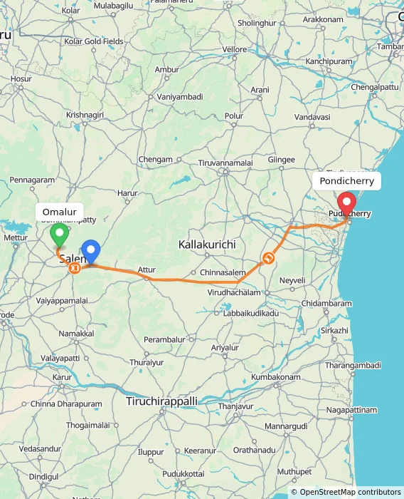 Route map showing distance and travel time from Omalur, India to Pondicherry, India