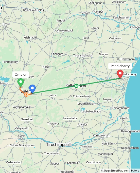 Route map showing distance and travel time from Omalur, India to Puducherry, India