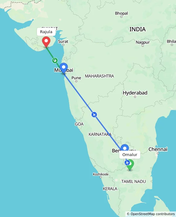 Route map showing distance and travel time from Omalur, India to Rajula, India