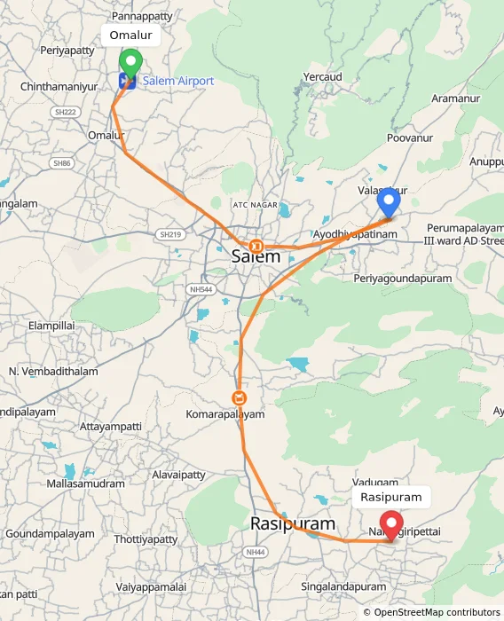 Route map showing distance and travel time from Omalur, India to Rasipuram, India