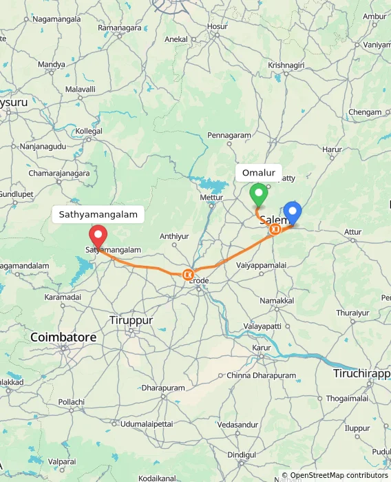Route map showing distance and travel time from Omalur, India to Sathyamangalam, India
