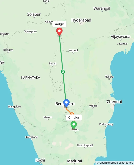 Route map showing distance and travel time from Omalur, India to Yadgir, India