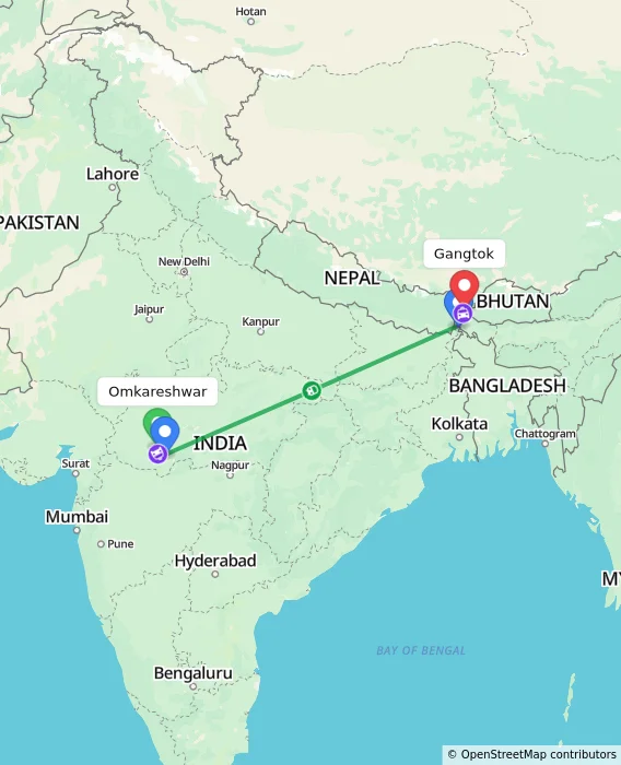 Route map showing distance and travel time from Omkareshwar, India to Gangtok, India