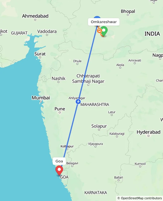 Route map showing distance and travel time from Omkareshwar, India to Goa, India