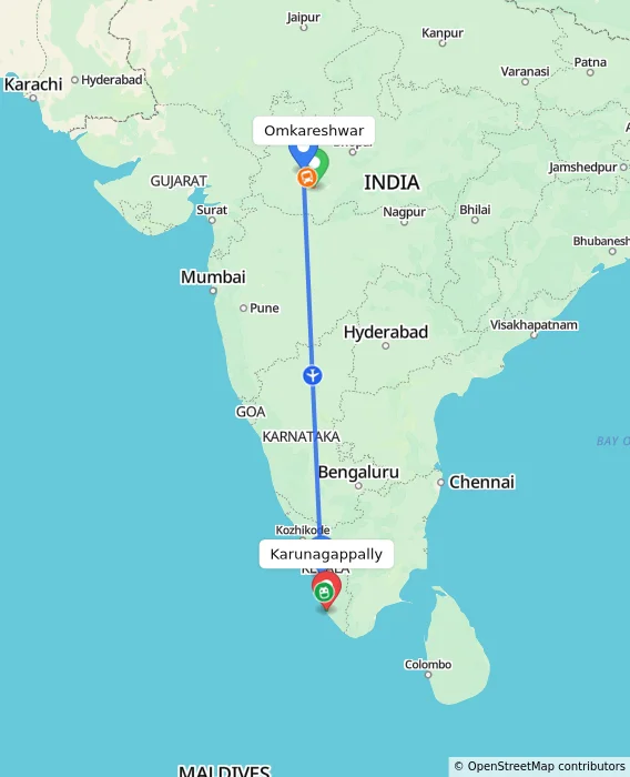Route map showing distance and travel time from Omkareshwar, India to Karunagappally, India