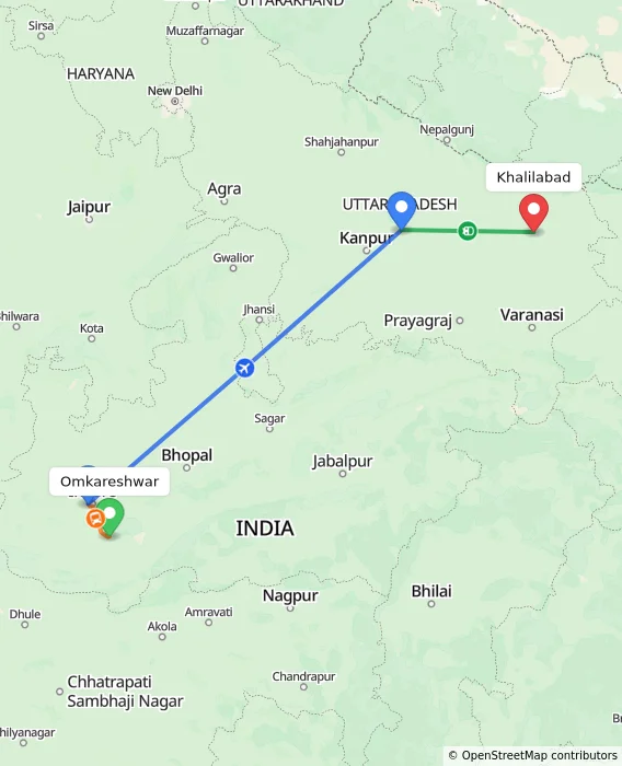 Route map showing distance and travel time from Omkareshwar, India to Khalilabad, India