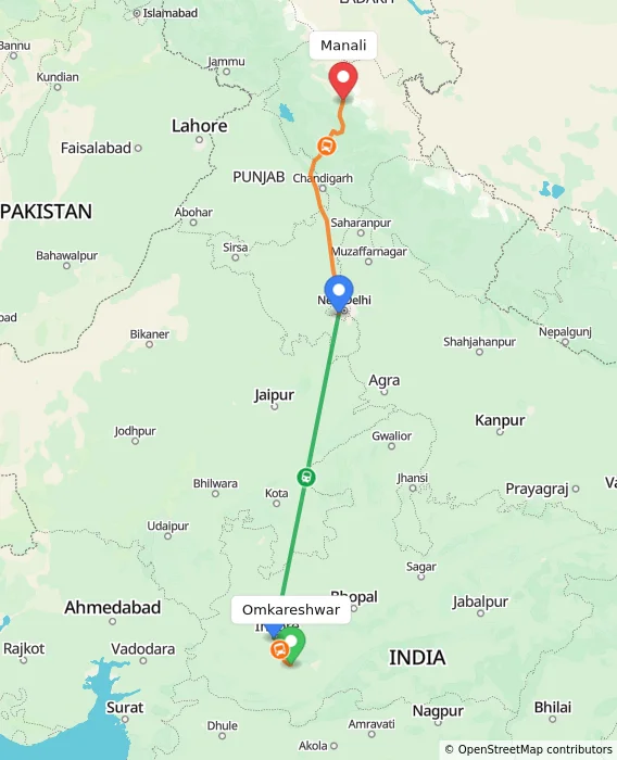 Route map showing distance and travel time from Omkareshwar, India to Manali, India