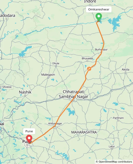Route map showing distance and travel time from Omkareshwar, India to Pune, India