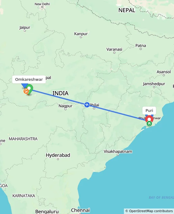 Route map showing distance and travel time from Omkareshwar, India to Puri, India