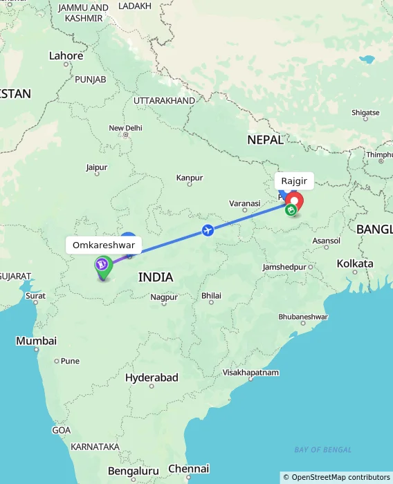 Route map showing distance and travel time from Omkareshwar, India to Rajgir, India