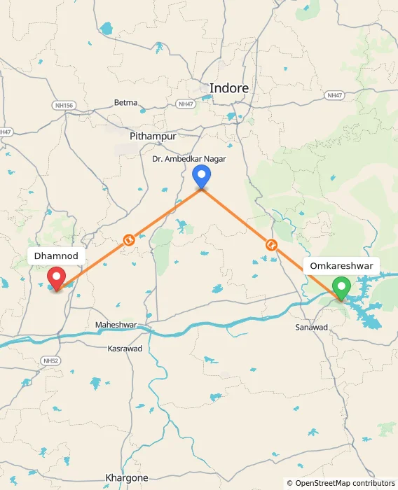 Route map showing distance and travel time from Omkareshwar, India to Dhamnod, India