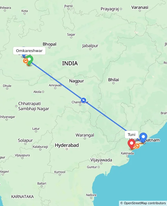 Route map showing distance and travel time from Omkareshwar, India to Tuni, India
