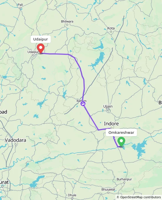 Route map showing distance and travel time from Omkareshwar, India to Udaipur, India