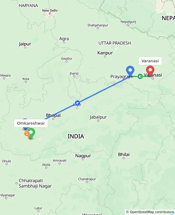 Route map showing distance and travel time from Omkareshwar, India to Varanasi, India