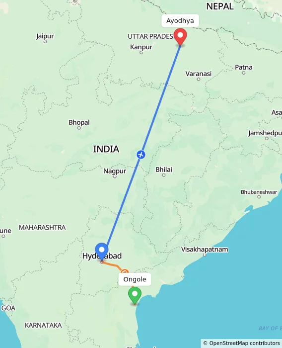 Route map showing distance and travel time from Ongole, India to Ayodhya, India