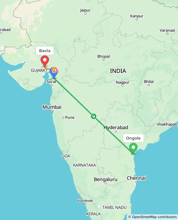Route map showing distance and travel time from Ongole, India to Bavla, India