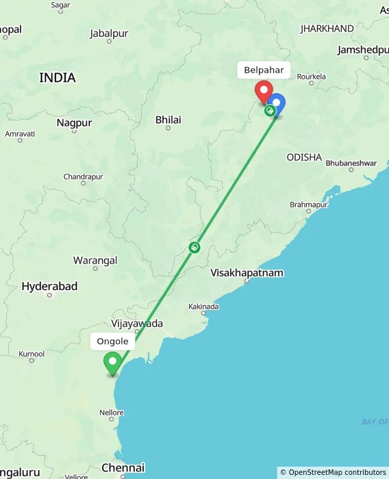 Route map showing distance and travel time from Ongole, India to Belpahar, India