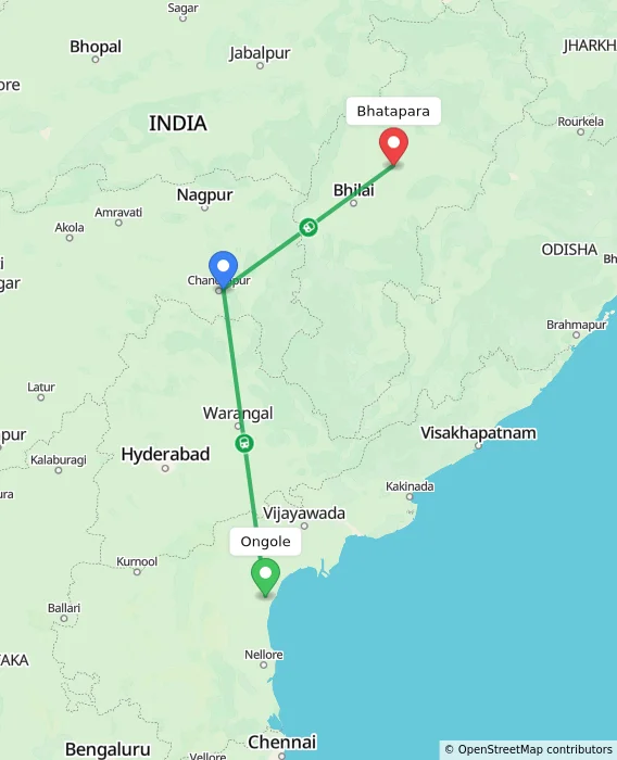 Route map showing distance and travel time from Ongole, India to Bhatapara, India
