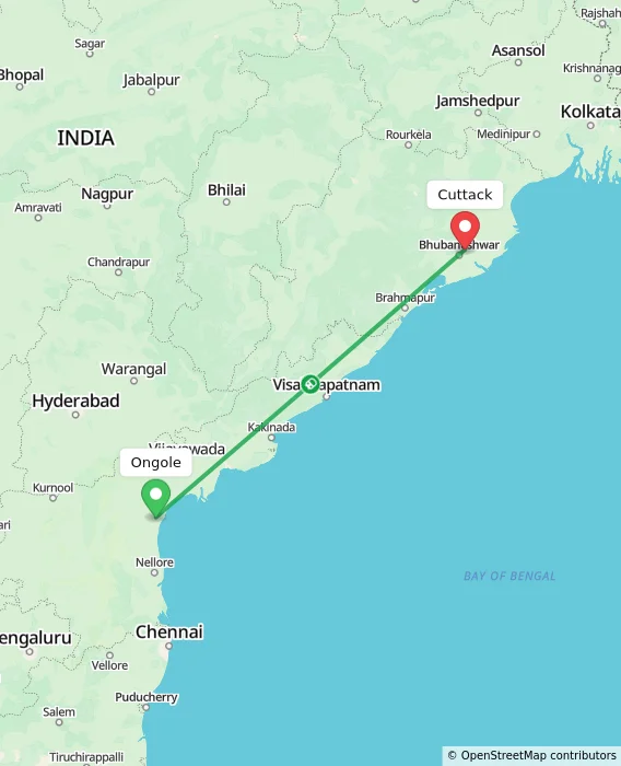 Route map showing distance and travel time from Ongole, India to Cuttack, India