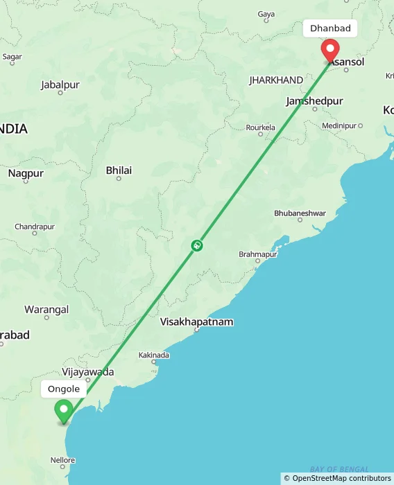 Route map showing distance and travel time from Ongole, India to Dhanbad, India
