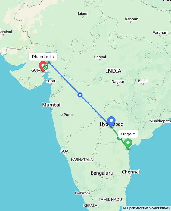 Route map showing distance and travel time from Ongole, India to Dhandhuka, India