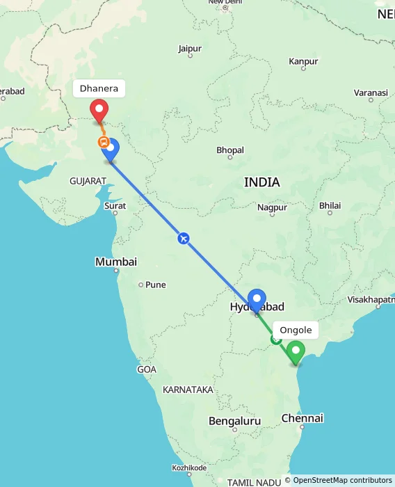 Route map showing distance and travel time from Ongole, India to Dhanera, India