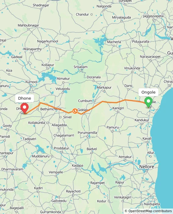 Route map showing distance and travel time from Ongole, India to Dhone, India