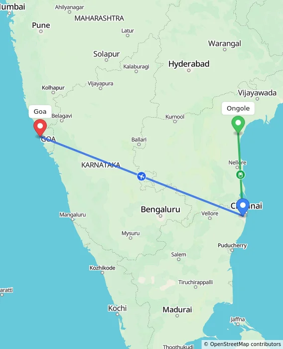 Route map showing distance and travel time from Ongole, India to Goa, India