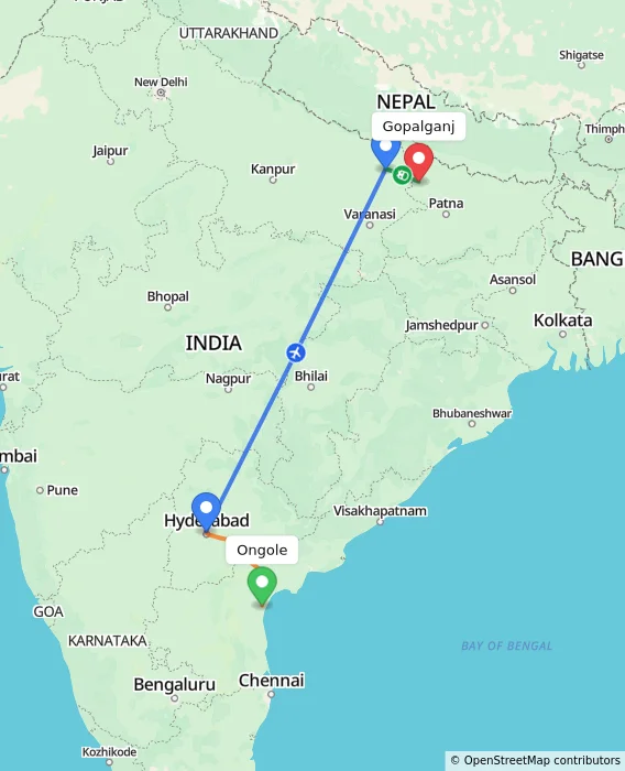 Route map showing distance and travel time from Ongole, India to Gopalganj, India