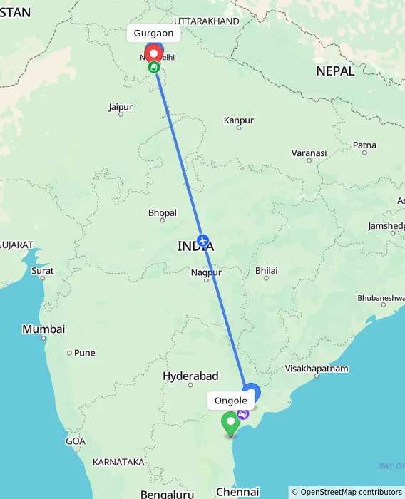 Route map showing distance and travel time from Ongole, India to Gurgaon, India