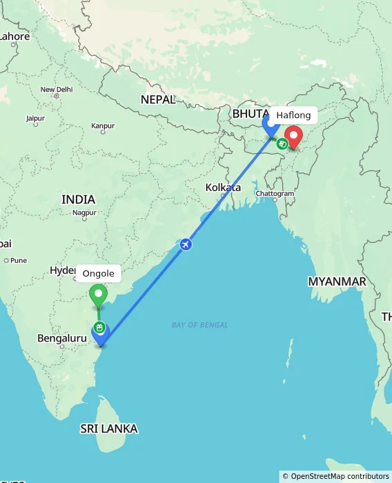 Route map showing distance and travel time from Ongole, India to Haflong, India