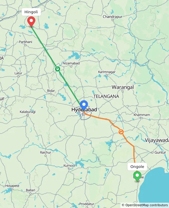 Route map showing distance and travel time from Ongole, India to Hingoli, India