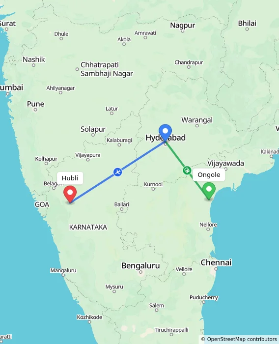 Route map showing distance and travel time from Ongole, India to Hubli, India
