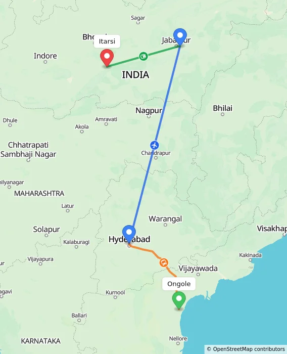 Route map showing distance and travel time from Ongole, India to Itarsi, India