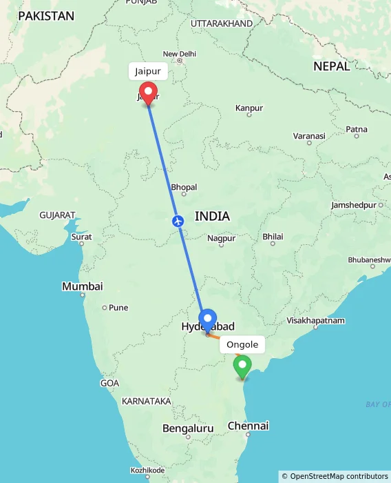 Route map showing distance and travel time from Ongole, India to Jaipur, India