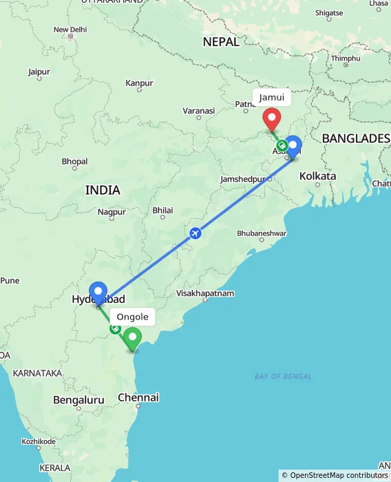 Route map showing distance and travel time from Ongole, India to Jamui, India
