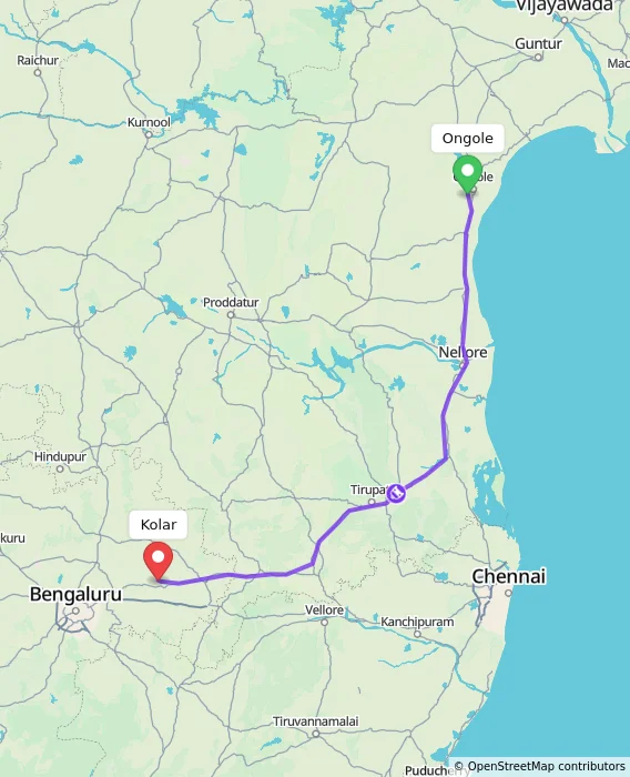 Route map showing distance and travel time from Ongole, India to Kolar, India
