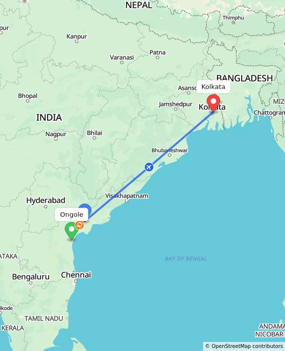 Route map showing distance and travel time from Ongole, India to Kolkata, India