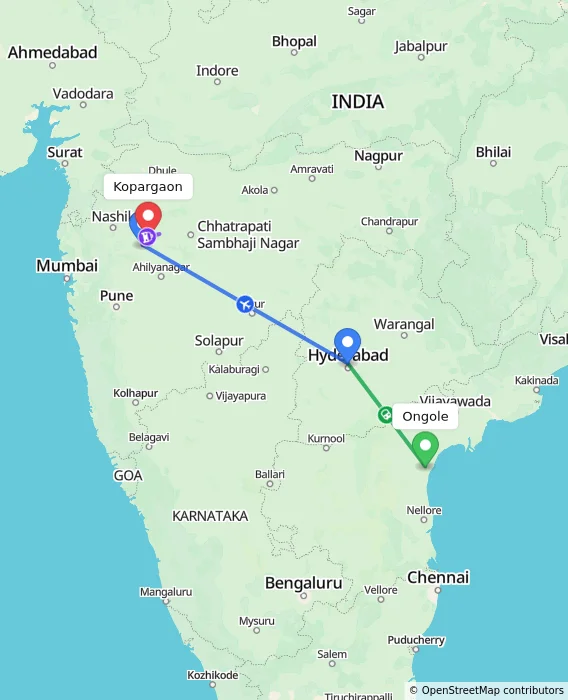 Route map showing distance and travel time from Ongole, India to Kopargaon, India