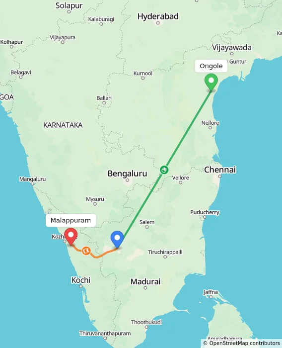 Route map showing distance and travel time from Ongole, India to Malappuram, India