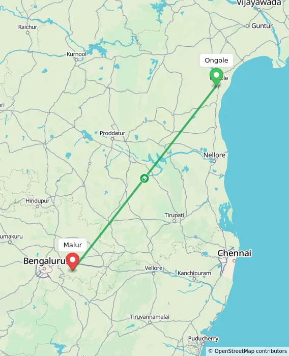 Route map showing distance and travel time from Ongole, India to Malur, India