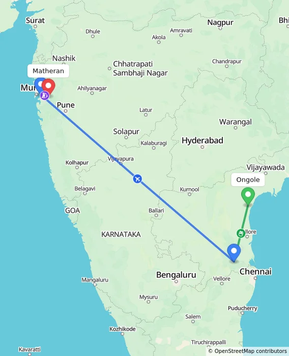 Route map showing distance and travel time from Ongole, India to Matheran, India