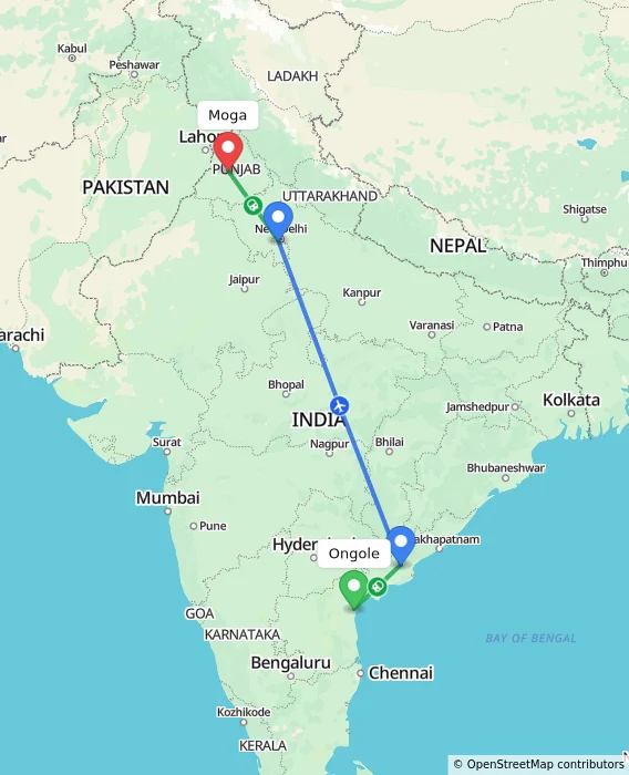 Route map showing distance and travel time from Ongole, India to Moga, India