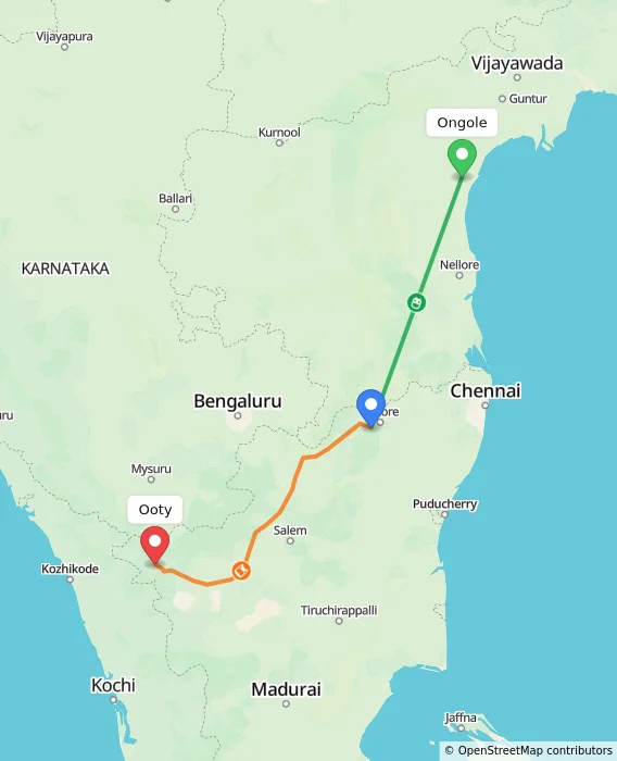 Route map showing distance and travel time from Ongole, India to Ooty, India