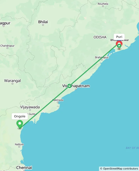 Route map showing distance and travel time from Ongole, India to Puri, India