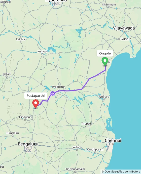 Route map showing distance and travel time from Ongole, India to Puttaparthi, India
