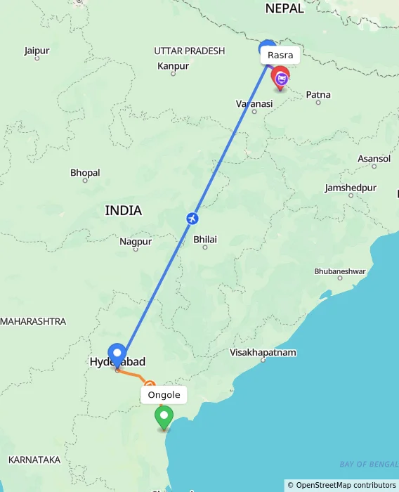Route map showing distance and travel time from Ongole, India to Rasra, India